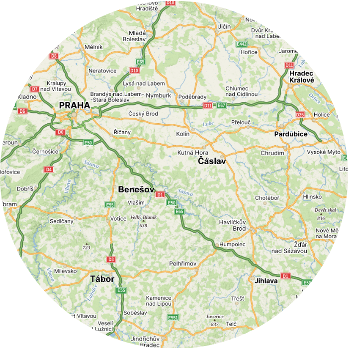 Mapa nejběžnějšího působení, Praha, Pardubice, Hradek Králové, Tábor, Čáslav a Benešov